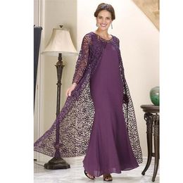 Custom Made Purple Mermaid Mother of the Bride Dresses with Lace Jacket Long Sleeve Ankle Length Formal Gown Chiffon Evening Wear259C