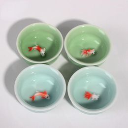 Cups Saucers 50ml Porcelain Chinese Ceramic KungFu Tea Cup Celadon Azure/Green Creative Carp Goldfish Small Teacup Drinkware Wholesale