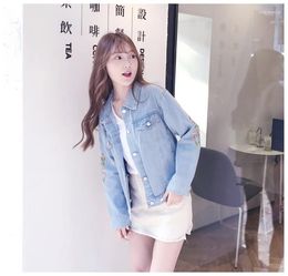 Women's Jackets Laura's Store// Girl's Fashion Arrival Denim Jacket Ladies Coat Blue And White