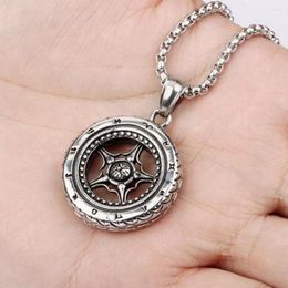 Pendant Necklaces Steel Silver Colour And Black Roman Numerals Racing Tyre Wheel Car Tyre Titanium Stainless Men's Necklace Jewellery