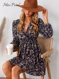 Basic Casual Dresses MISS PETAL Plunge Neck A-Line Mini Dress For Woman Ditsy Floral Sexy Long Sleeve Party Dress Spring Autumn Female Sundress 230717