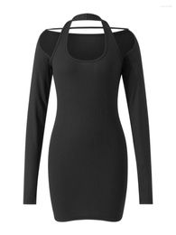 Casual Dresses Women S Sexy Short Skinny Wrapped Dress Solid Colour Long Sleeve Hanging Neck Spring Autumn Mini