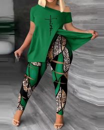 Women's Two Piece Pants Two Piece Sets Womens Outifits Summer Fashion Faith Leopard Print Split Hem Skew Neck Short Sleeve Top Casual Pants Set 230717