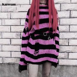 Women's Sweaters Gothic Grunge Striped Knitted Sweater Women Long Pullovers Loose Thin Punk Sweaters Jumpers Mujer Jersey Chic Streetwear L230718