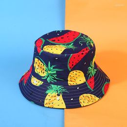 Berets Harajuku Sunflower Print Bucket Hats Women Men Reversible Summer Fruit Banana Watermelon Hat Beach Japanese Hip Hop Panama Caps