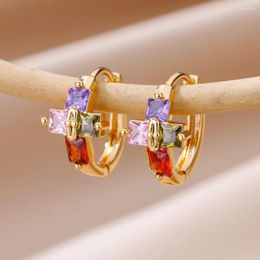 Hoop Earrings Colourful Zircon Cross For Women Gold Colour Stainless Steel 2023 Trending Luxury Designer Jewellery Aretes Mujer
