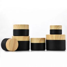 Black Frosted Glass Jar Cream Bottle Cosmetic Jars Packing Container with Plastic Wood Grain Cover