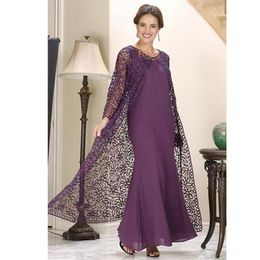 Custom Made Purple Mermaid Mother of the Bride Dresses with Lace Jacket Long Sleeve Ankle Length Formal Gown Chiffon Evening Wear294I