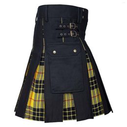 Men's Pants Mens Fashion Scottish Style Plaid Contrast Colour Pocket Pleated Skirt Tie