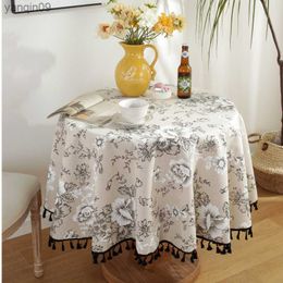 Retro European Peony round tablecloth with tassels with Tassel - Black and White Cotton and Linen Home Decor (L230626)