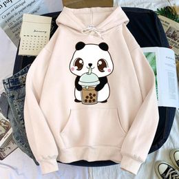 Men's Hoodies Cute Panda Drinking Pearl Milk Hoodie Male Autumn Warm Sweatshirt Trend Harajuku Pullover For Mens Loose Tracksuit