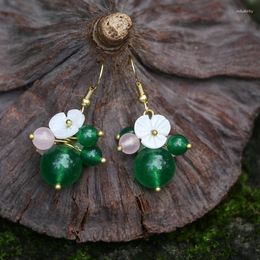 Dangle Earrings Green Jade Flower Women Jewellery Amulet Fashion Chinese Gemstones Accessories Designer Natural Gift 925 Silver