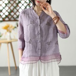 Ethnic Clothing 2023 Chinese Style Women Elegant Blouse Cotton Linen Top Embroidery Hanfu Lady Vintage Cheongsam Shirt