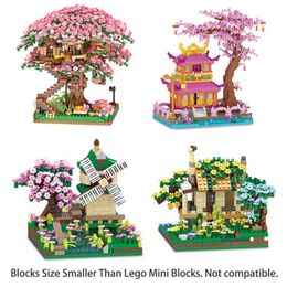 Blocks Mini Sakura Tree House Blocks Diamond Street View Cherry Blossom Windmill House Model Toys Micro Bricks Birthday Gifts