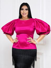 Women's Blouses ONTINVA Fuchsia Tops For Women O Neck Puff Sleeve Slim Fit Half Casual Birthday Evening Large Size Pullover Blouse