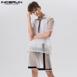 Men s Tracksuits 2023 Men Sets Mesh Patchwork Streetwear See Through Short Sleeve Zipper Shirt Shorts 2PCS Breathable Sexy Suits INCERUN 230718