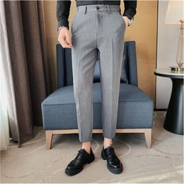 Men's Suits Solid Colour Cropped Suit Pants With Elastic Waistband Perfect For Spring/Summer Casual Wear (Nine-Point Pants)