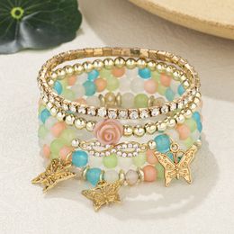 Fashion Boho Crystal Beads Bracelet Set Women's Rose Flower Gold Colour Butterfly Pendant Bracelets Girls Multilayer Jewellery