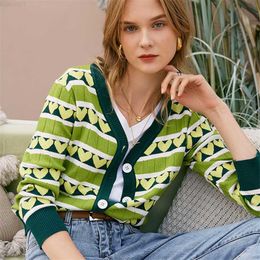 Women's Sweaters Makuluya Stripe GREEN Women's Wool cute lovely Heart-shaped Open Stitch Pattern Cardigan Knitted Tops Sweaters Clothing L6 L230718
