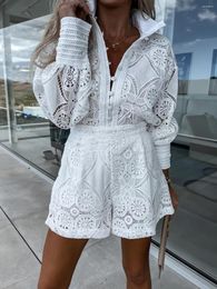 Women's Tracksuits Sexy Lace Hollow Out Women Suit Elegant Embroidery Puff Sleeve Top Shirt Ruffles Shorts Sets 2 Piece Summer Female Outfit