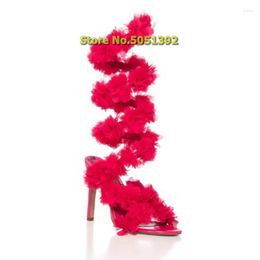 Sandals Red Fur Twine Stiletto Heel Open Toe Flower Twist Strappy 2023 Summer Women Dress Shoes Thin High