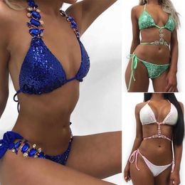 Women Crystal Rhinestones Glitter Diamond Gems Bra Set Sunsuit Swimwear Beachwear X0622253D