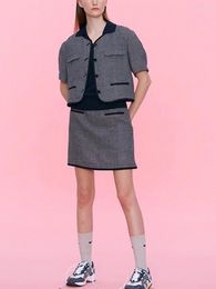 Work Dresses 2023 Ladies Houndstooth Commute Set O-Neck Single Breasted Short Sleeve Jacket A-Line Skirt With Belt