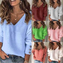 Women's Sweaters Women's Sweater 2022 Autumn Winter Fashion New Solid Deep V-Neck Ladies Knitting Long Sleeve Pullover Loose Elegant Casual Tops L230718