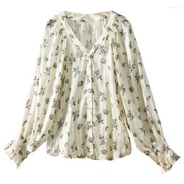 Women's Blouses SHUCHAN Rose Print Natural Silk Blusas Femininas Elegantes Womens Tops Thin Lantern Sleeve Casual Shirts Single Breasted