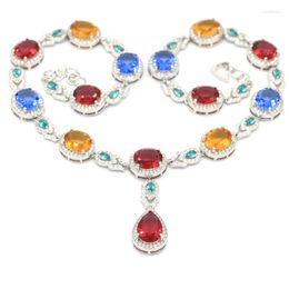 Chains 52g 925 SOLID STERLING SILVER NECKLACE CHAIN Multi Colour Red Blood Rubies Golden Citrine Blue Aquamarine Violet Tanzanite CZ