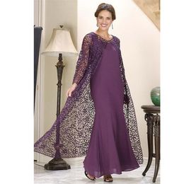 Custom Made Purple Mermaid Mother of the Bride Dresses with Lace Jacket Long Sleeve Ankle Length Formal Gown Chiffon Evening Wear2562