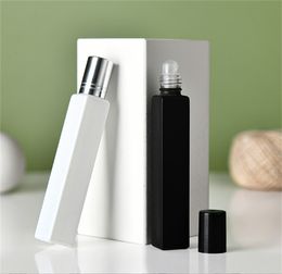 Empty Square Glass Roll On Bottles 10ml Essential Oil Perfume Bottle with Matte Black/White Colour Stainless Steel Roller Ball JL1614