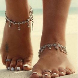 Anklets Vintage Silver Color Tassel Round Bead Flower For Women Barefoot Sandals Jewelry On Foot Leg E347