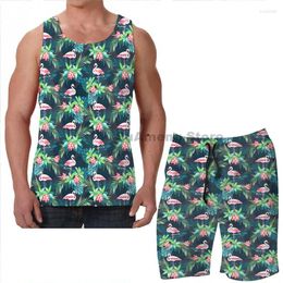 Men's Tracksuits Summer Funny Print Men Tank Tops Women Bright Flamingos Beach Shorts Sets Fitness Vest