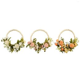 Decorative Flowers Artificial Flower Wreath Garland Wood Beads Hoop Wall Hanging Greenery Leaves For Indoor Farmhouse Fireplace Party Decor