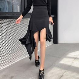 Skirts 2023 Sexy Latin Dance Women Black Irregular High Waisted A-line Fishtail Skirt Asymmetrical Low Ruffles