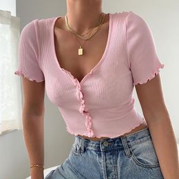 Sommer Mode Frauen V-ausschnitt Crop Tops Kurzarm Rüschen T-shirt Clubwear Tasten Bodycon Feste T-shirt Femme Outwear T Hemd