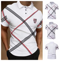 Men's Polos Men's Summer Short Sleeve Turn-down Collar Polo Shirt Fashion Casual Diagonal Stripe Shield Printed Men Clothing 230717