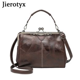 Evening Bags JIEROTYX Vintage Kiss Lock Handbags for Women Oil Leather Clutch Satchel Purse Tote Shoulder Black Red 230718