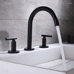 Bathroom Sink Faucets High Quality Brass 3 Hole 2 Handle Faucet Black Copper Basin Mixer Taps Cold Water For