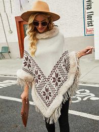 Women's Sweaters Fitshinling Vintage Oversized Poncho Women Clothing Winter Sweater Knitwear Fur Collar Winter Warm Cape Femme Fringe Bat Cloak L230718