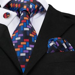 Neck Ties HiTie Mens Ties Luxury Handmade Geometric Necktie Silk Woven Tie Set For Men Business Wedding Neck Tie Square Cufflinks 230717