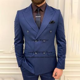 Men's Suits Fashion Navy Blue Striped Mens Slim Double Breasted Business Blazer Wedding Groom Tuxedo Banquet 2 Piece Set Costume Homme