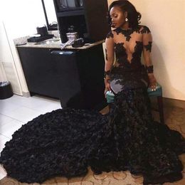 Sheer Long Sleeve Black Girls Prom Dresses 2017 Mermaid O Neck Tulle Lace Appliques Flower Zipper-Up Court Train Party Gowns203m