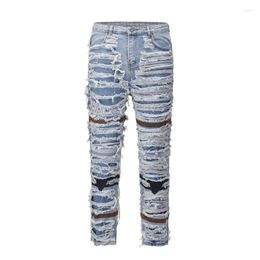 Men's Jeans Fashion Hi Street Destroyed With Patches Streetwear Ripped Denim Pants Slim Fit Stretchy Distressed Trousers