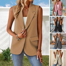 Women's Suits Women Blazer Waistcoat Lapel Single Button Sleeveless Business Suit Jacket Patch Pockets Solid Color Mid Length Lady Coat