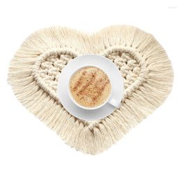 Table Mats 1PC Bohemian Braided Coasters Woven Heart Shape Cup Mat With Tassels Water Absorption Heat Resistance