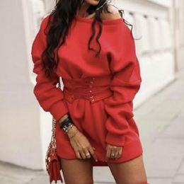 Casual Dresses 2023 Red Fleece Dress Drawstring Loose Pullover Sexy Long Sleeve Sweatshirts Vestidos Party Ladies Clothing Spring