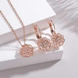 Necklace Earrings Set Hollow Out Rose Gold Plated Camellia Super Sparkling Zircon Jewellery Party Wedding Gift