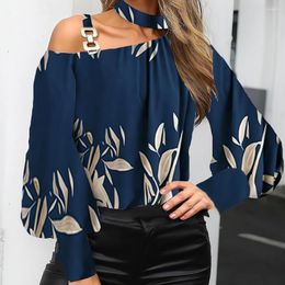 Women's Blouses Sexy Shirts Women Halter Off-shoulder Shirt Metal Buckle Splicing Long Sleeve Loose Fit Pullover Tops Floral Print